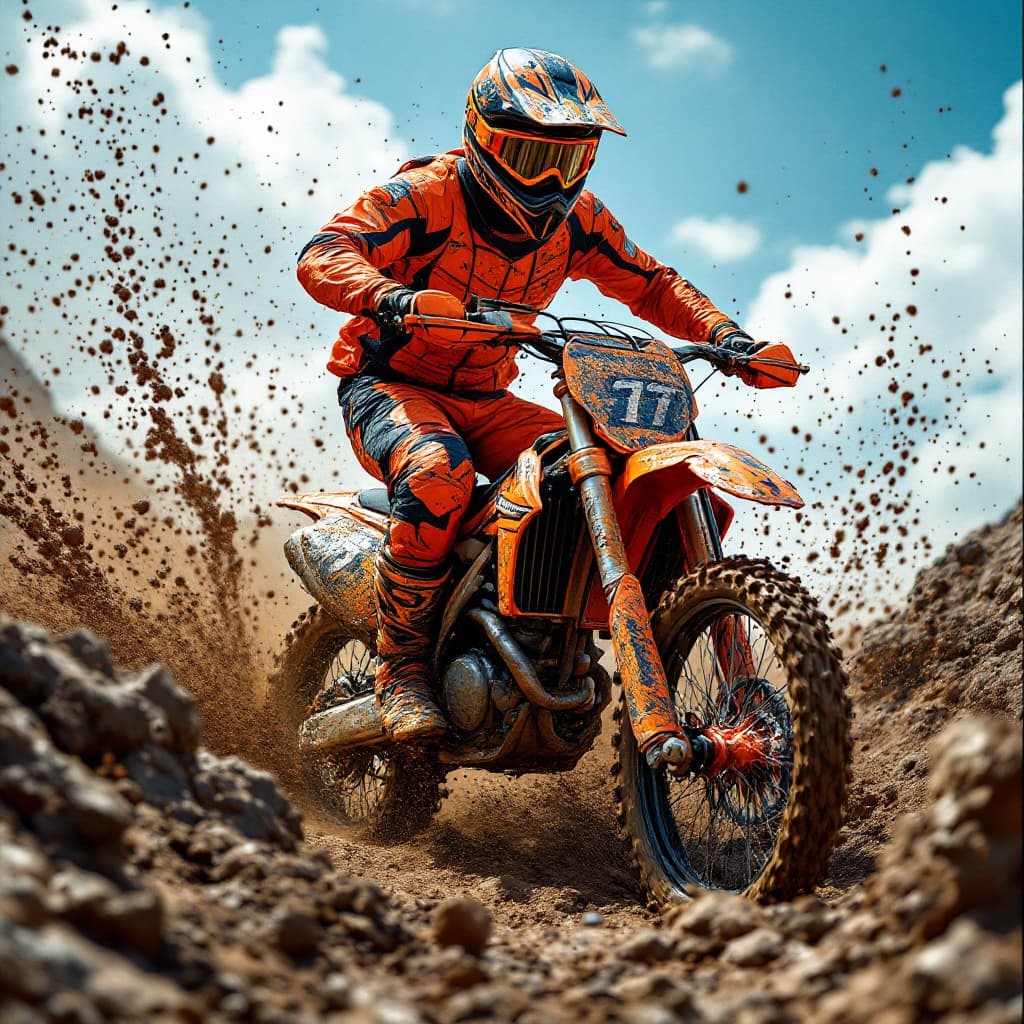 AI generated: Create a highly detailed and dynamic image of a motocross biker riding through a muddy terrain. The ...