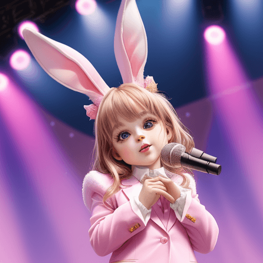 AI generated: {
  "prompt": "A close-up photo of a little bunny singer with big, expressive eyes, dressed in a sty...