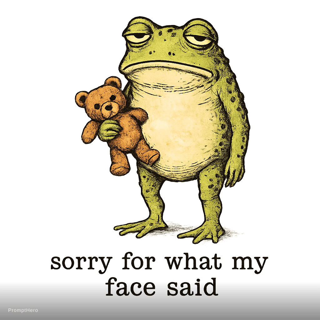 AI generated: sarcastic frog with half-closed eyes holding a small teddy bear awkwardly, unimpressed expression, v...
