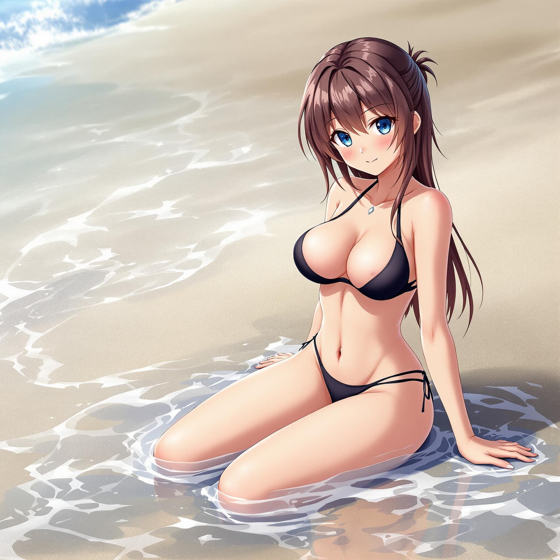 AI generated: Anime girl, in a beach, wearing a bikini, big chest, wet, spread legs, blue eyes, cute, shy
