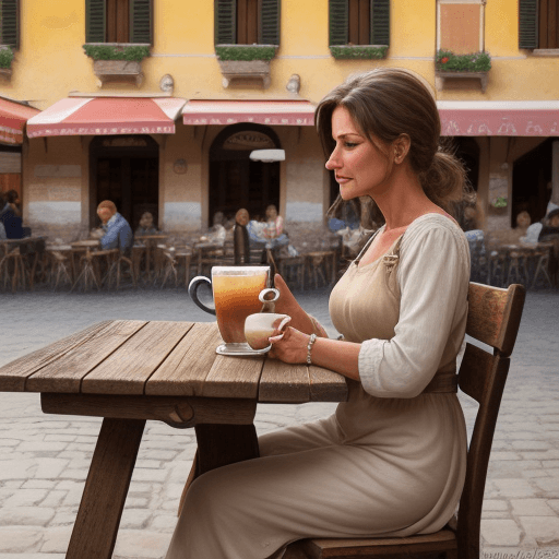 AI generated: A realistic woman sits alone at a rustic wooden table in a picturesque Italian piazza, cradling a wa...