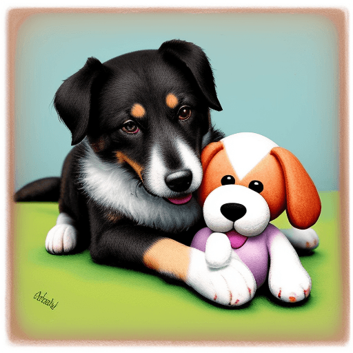 AI generated: Dog loves his stuffed doodle puppy toy, encaustic artwork 