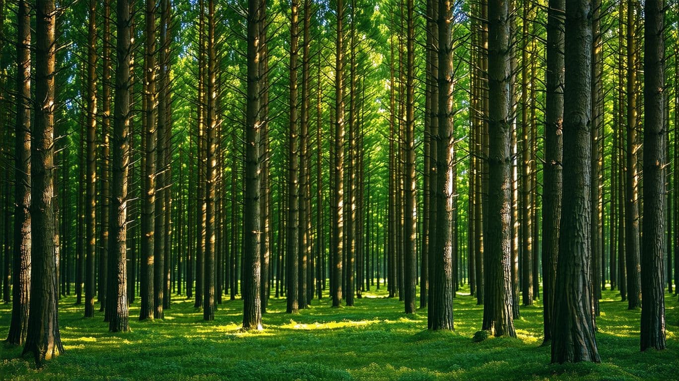 AI generated: forest, animation style, many trees, summer,cinematic, hyper realism, high detail, octane render, 8k