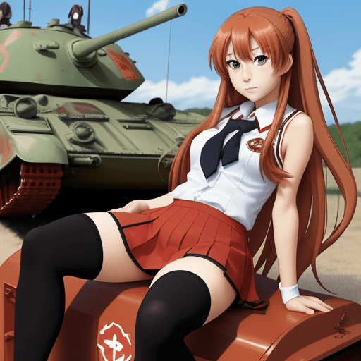 AI generated: taiga aisaka, anime, red school uniform, long hair, sit on tank, not realism, cartoon, art, feet, st...