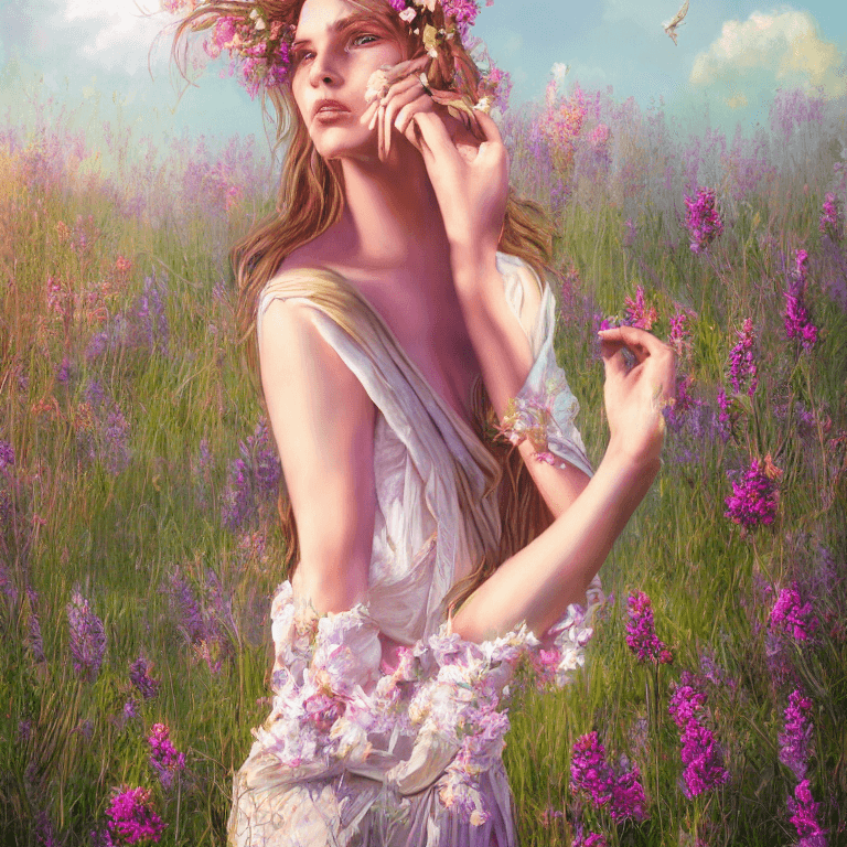 AI generated: style of hyperrealistic full length portrait of gorgeous goddess | standing in field full of flowers...