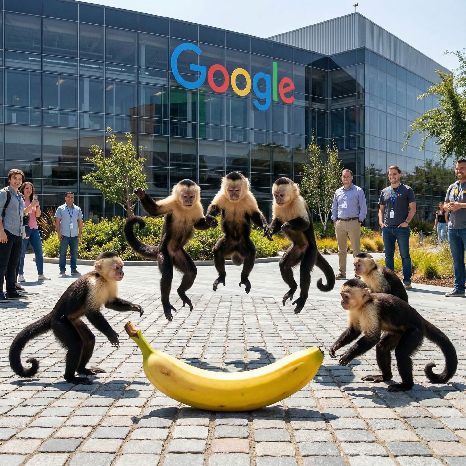 AI generated: 6 monkeys dance around a banana, with some of them jumping in front of the Google offices
