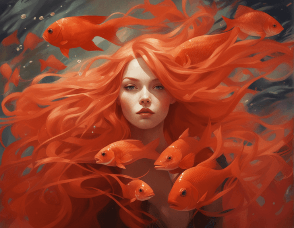 AI generated: painting of a woman with red hair and fish in her hair, james jean and wlop, artgerm and james jean,...