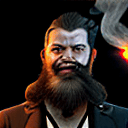 AI generated: a man smoking a cigar with a beard and a beard with glowing eyes on a shop with a waves crashing in ...