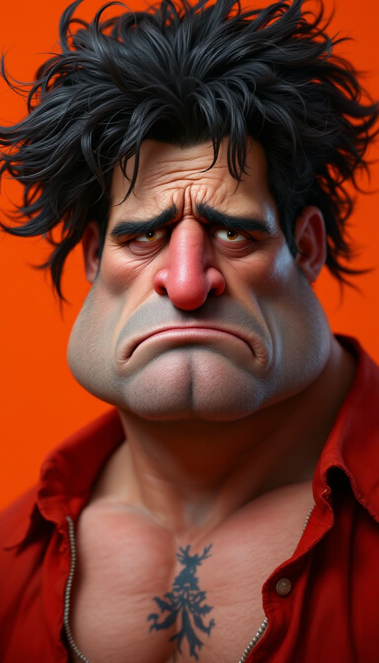 AI generated: strong muscular man,A caricature of a man with exaggerated features is set against a vibrant orange ...
