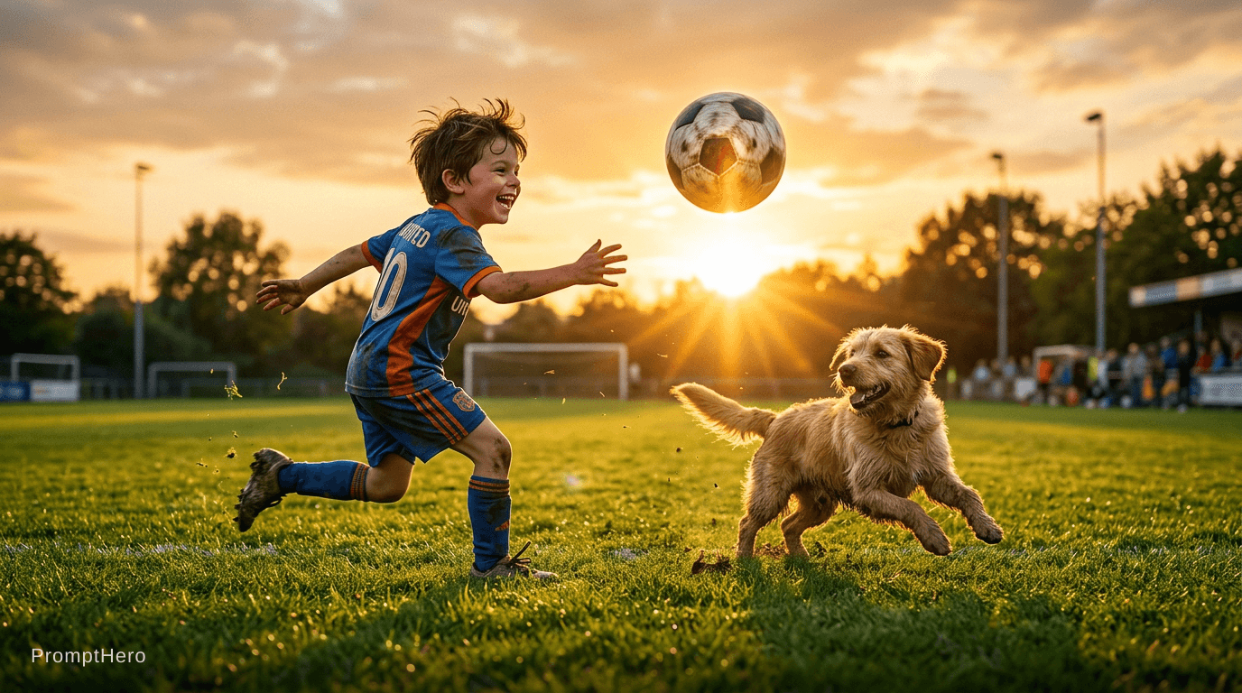 AI generated: I wanna create messy looking to sun like football.he eager to play with him . cinematic background,s...