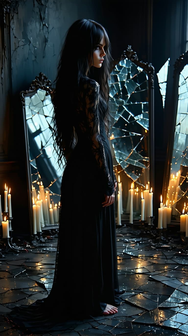 AI generated: A solitary female, front of camera, goth figure with long black wavy hair and bangs in a dark, candl...