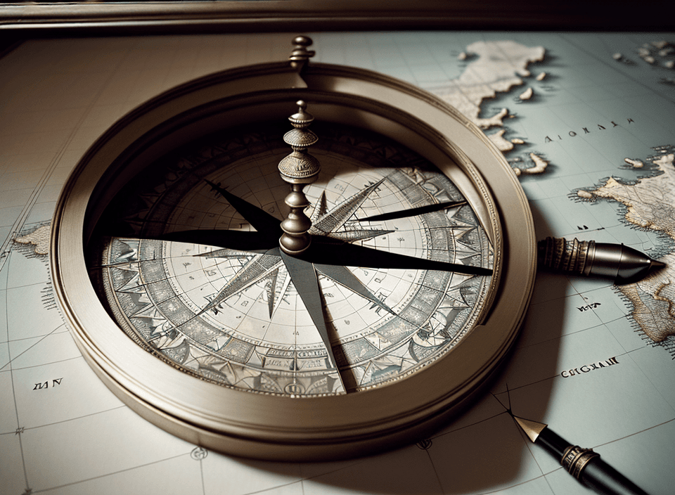 AI generated: High resolution photography interior design, Historical world map with a small compass on it, there ...
