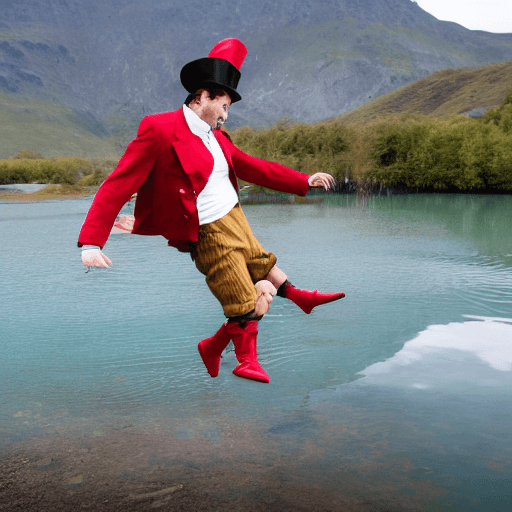 AI generated: drunk Juggler without beard in shorts and jacket with dark green and scarlet red stripes, with a top...