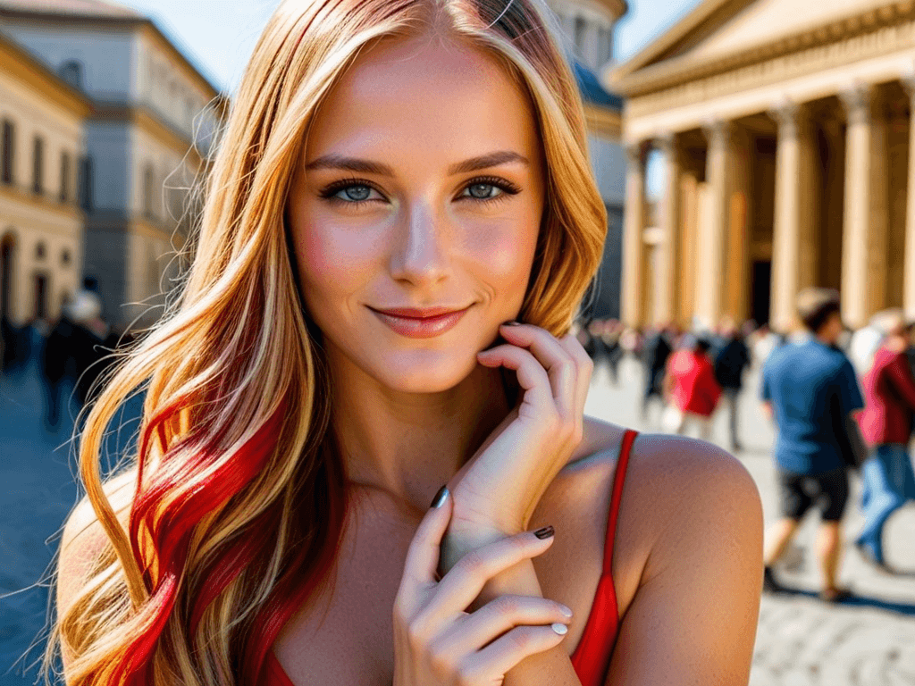 AI generated: Close-up, photograph of, a woman, long blonde hair with red highlights, posing for the camera in fro...