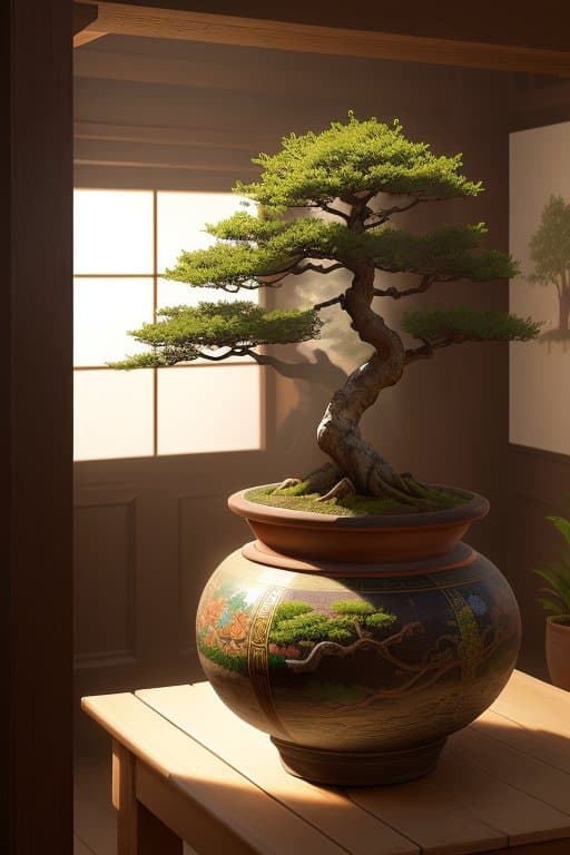 AI generated: professional photo, concept art, studio lighting, huge potted bonsai, masterpiece, realistic photo, ...