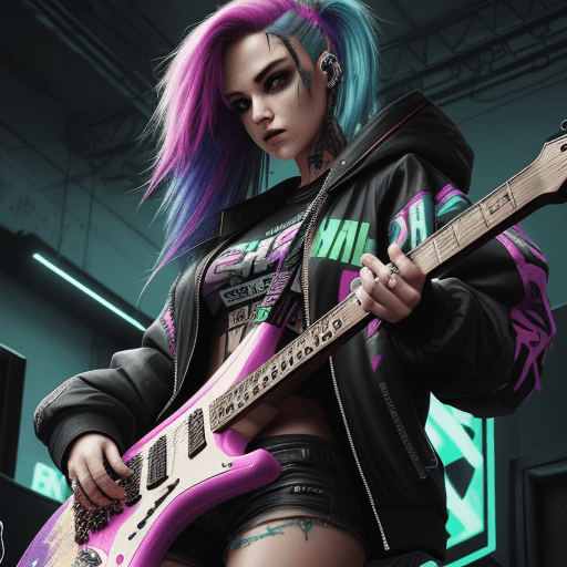 AI generated: high resolution, cyberpunk, female, colorful hair, rock star, electric guitar, streetwear, concert