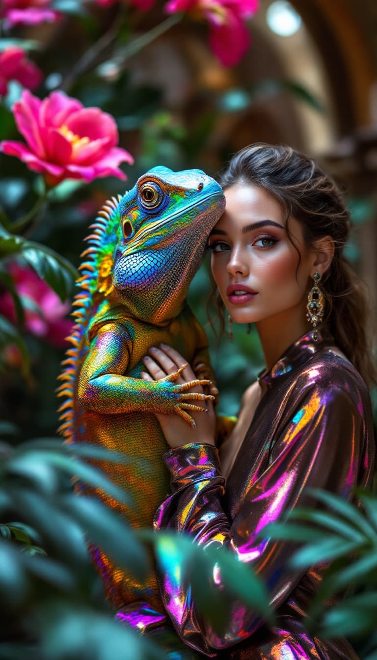AI generated: a closeup photo of a gorgeous model wearing a shimmering metallic blouse with a huge iridescent rain...