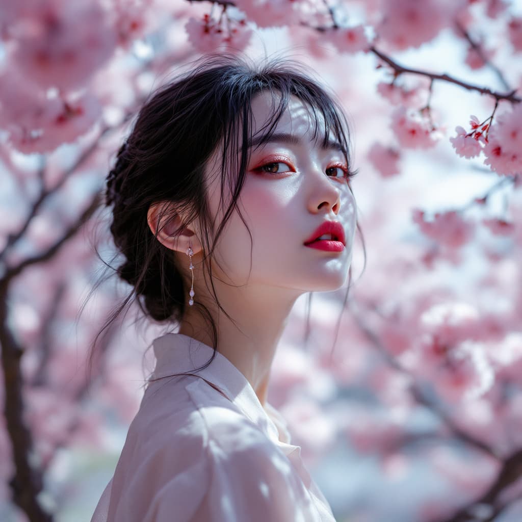AI generated: dutch angle shot, realistic, infrared photo of a woman, cherry blossoms, dystopian --ar 16:9