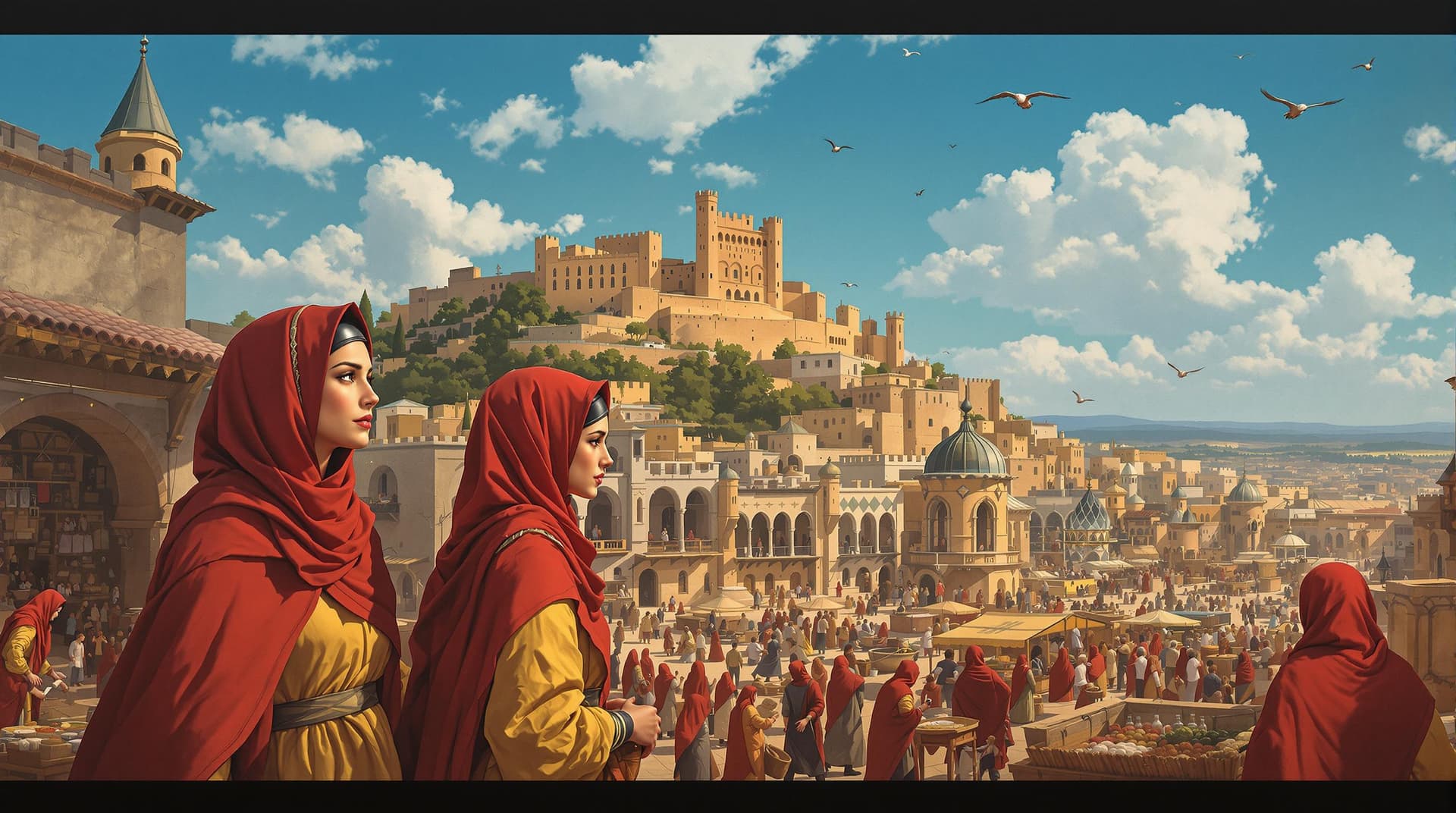 AI generated: a painting of a bustling medieval marketplace in a Middle Eastern city. The two women in the foregro...