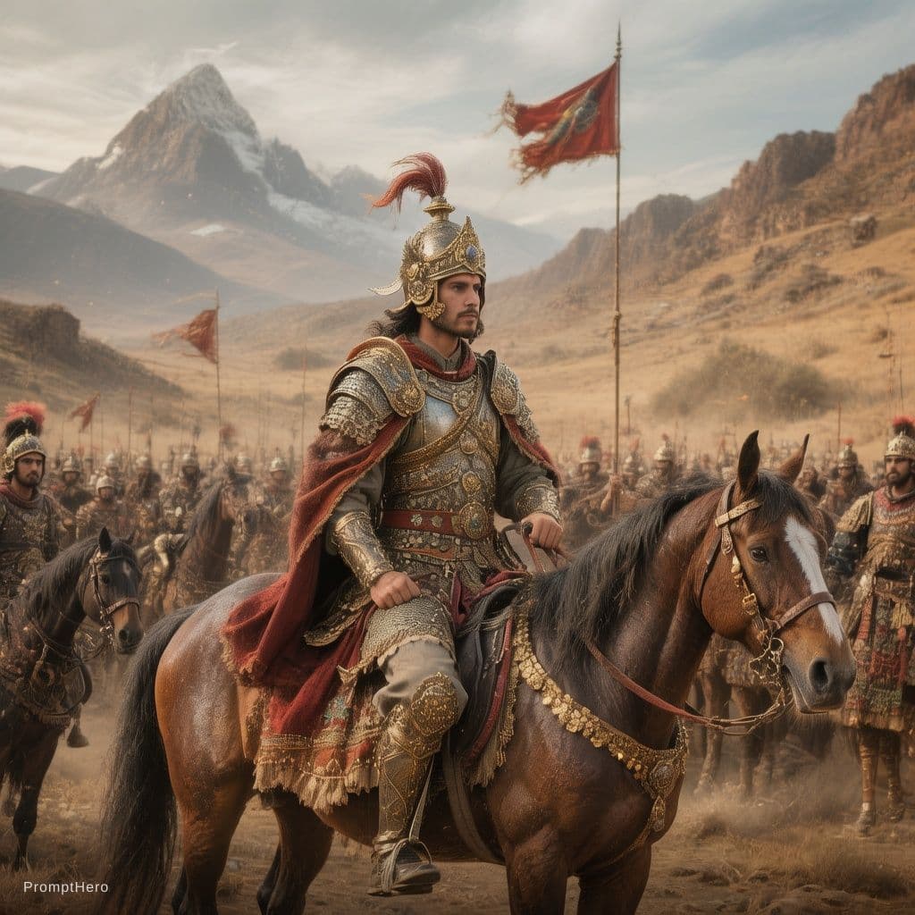 Hero prompt: राजा घोड़े पर बैठकर राज्य का निरीक्षण करते हुए, सै...