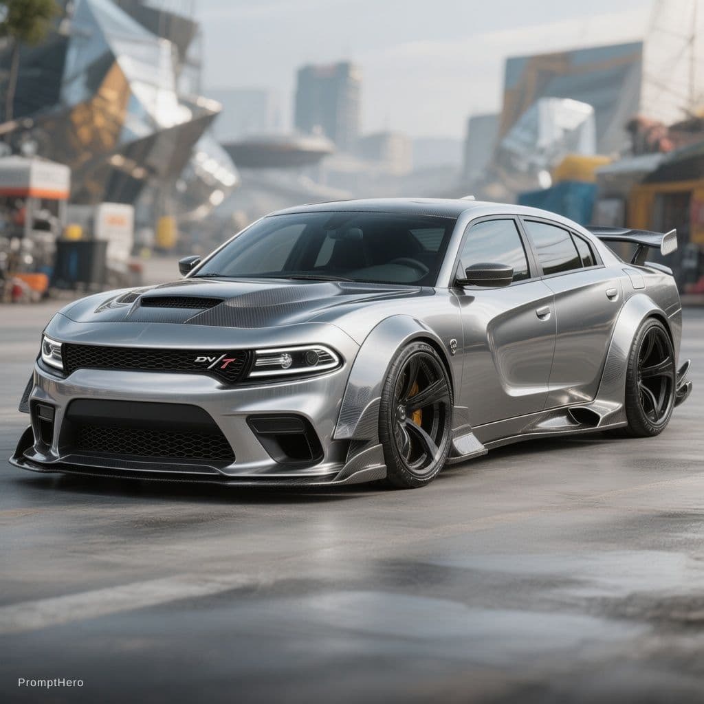 AI generated: A one-of-one custom 2014 Dodge Charger R/T concept car, redesigned with an ultra-premium “liquid agg...