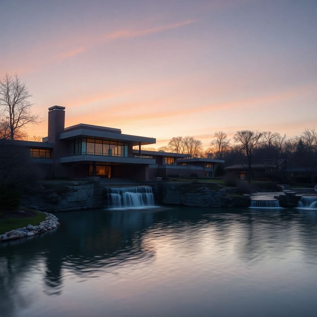 AI generated: Frank Lloyd Wright Falling water at dusk with the waterfall visible  8K resolution