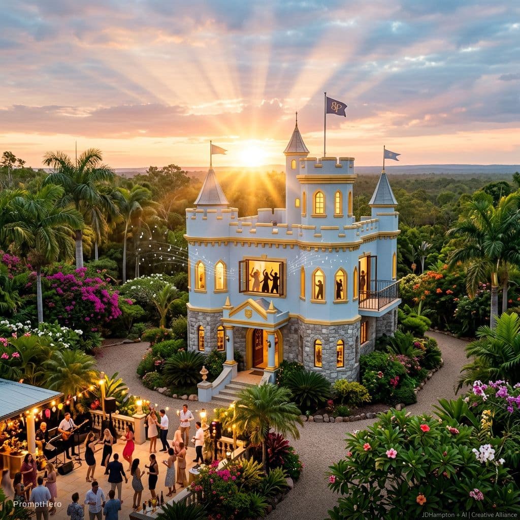 AI generated: The small castle is brilliantly designed in soft light blue, bright gold, and grey stone. A vibrant ...