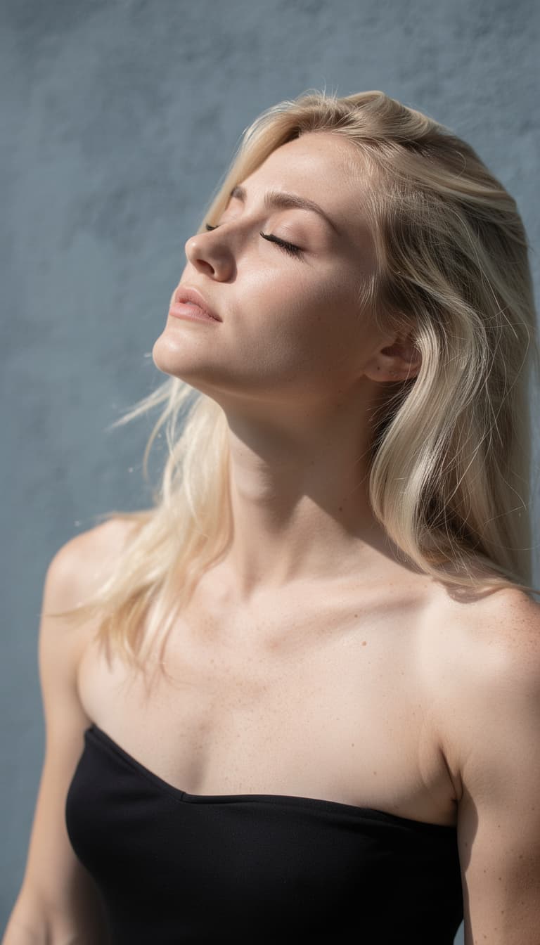 AI generated: natural light image, A high-angle extreme close-up portrait of a fit 21yo blonde woman with long blo...