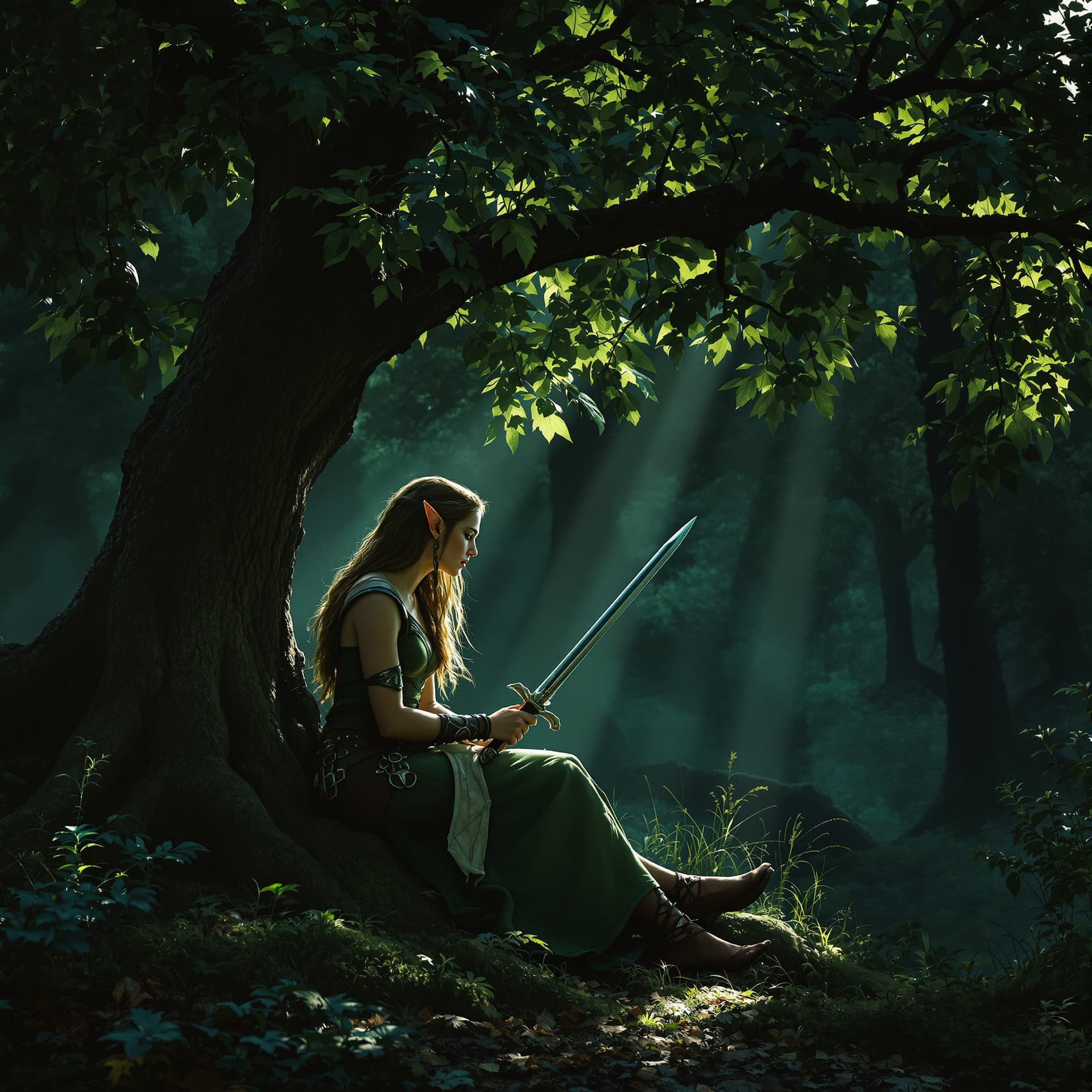 AI generated: female lord of the rings warrior elf sitting under a tree in Lothlórien, watching and expecting an i...