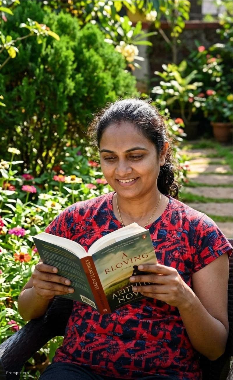 AI generated: a 34 year old aunty with novel in a garden