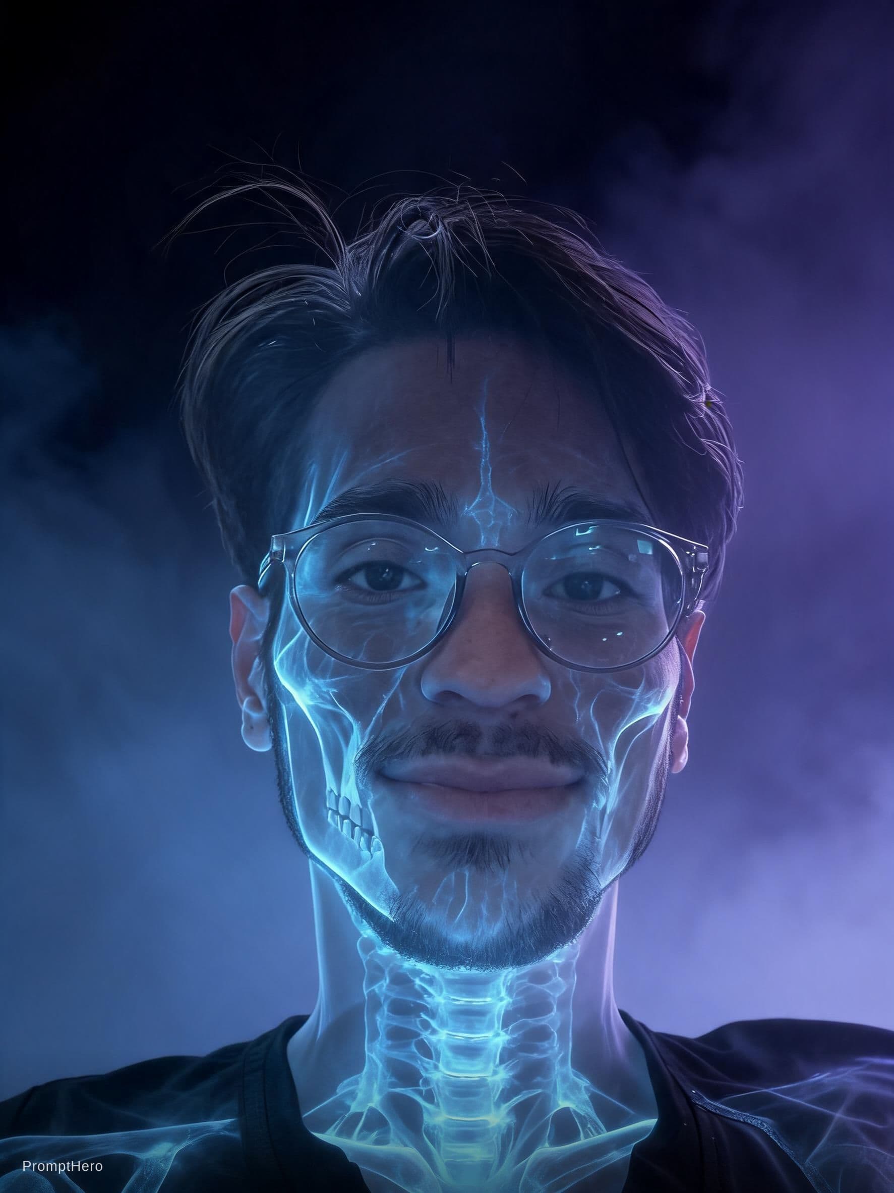 AI generated: futuristic surrealism, front portrait of a man, side shot, transparent skin revealing her bones, glo...