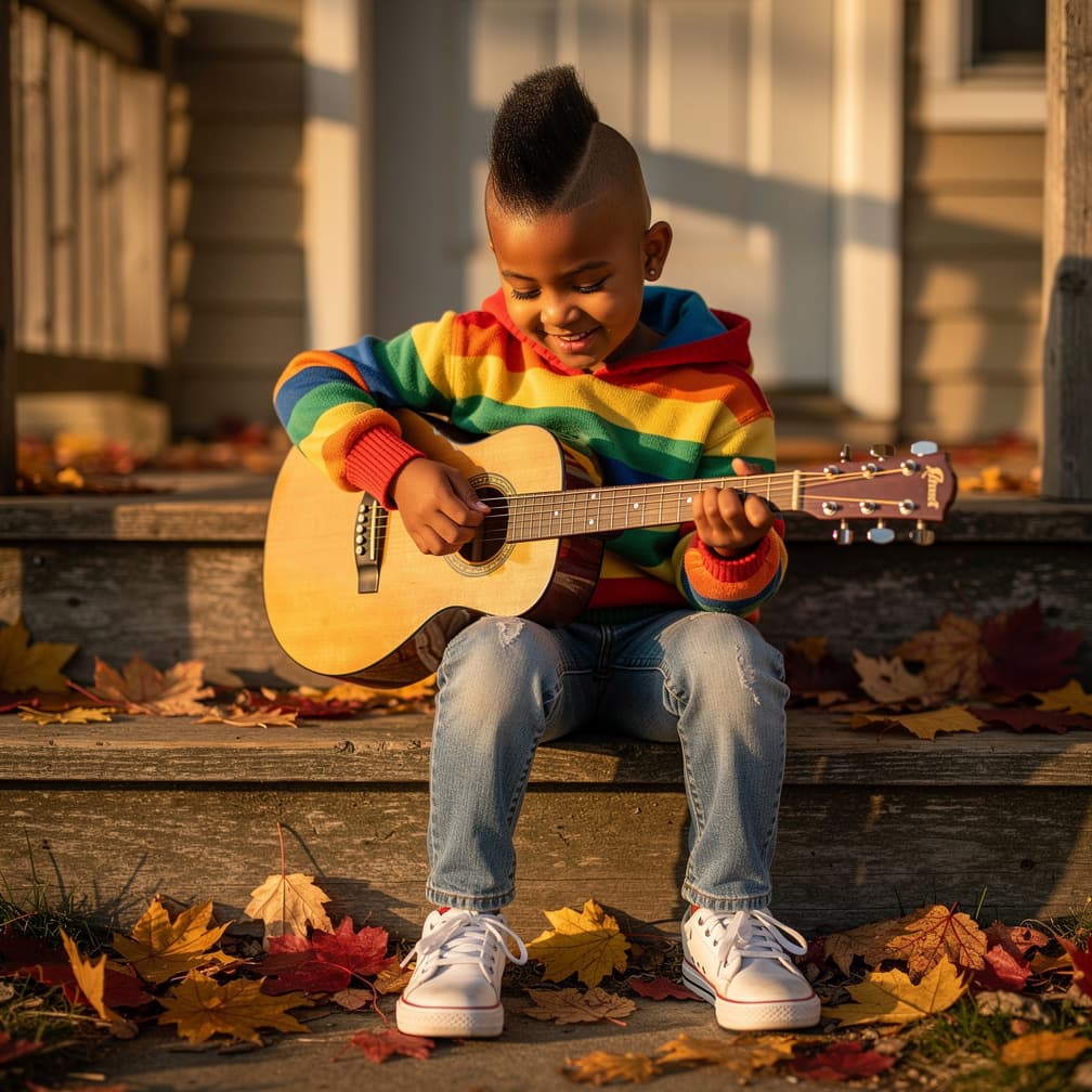 AI generated: full body view of a little dark-brown-skinned girl with a mohawk hairstyle wearing a rainbow hoodie,...