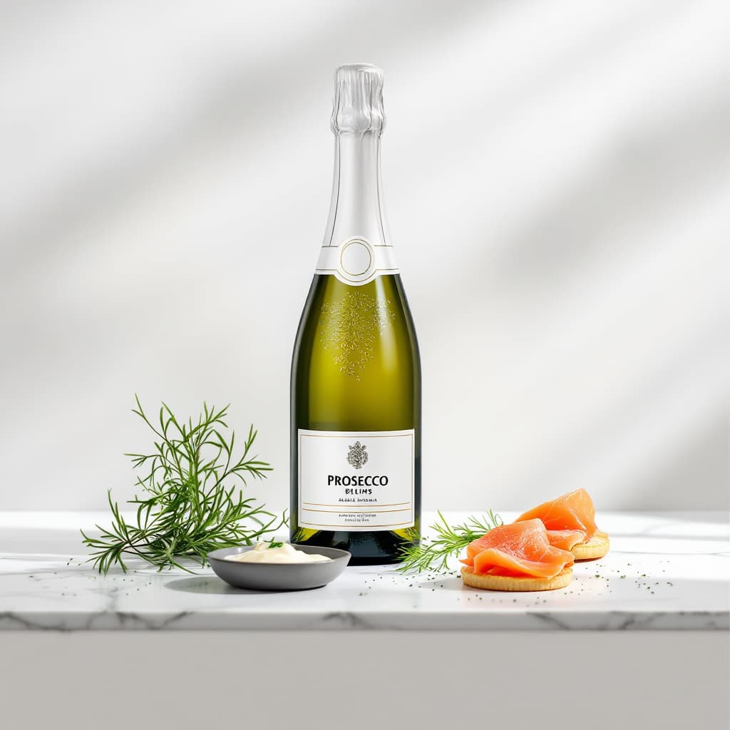 AI generated: Product photography of a bottle of Prosecco with smoked salmon blinis, cream cheese, and fresh dill ...