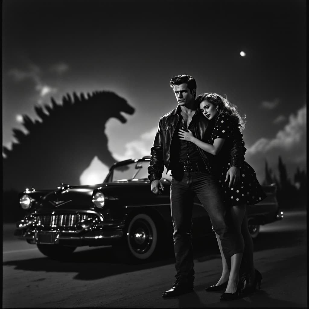 AI generated: "Depict a dramatic black-and-white 1950s action movie scene, photographed in the style of vintage fi...