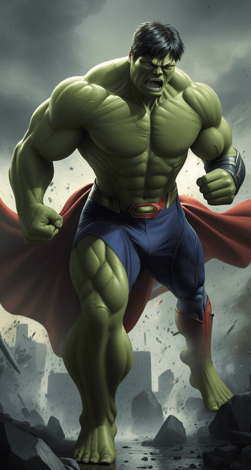 AI generated: A superhero going into battle to fight a villain, battle of ideals, Heroic, epic, Realism, hulk vers...