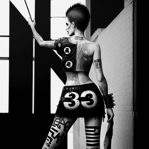AI generated: Photo of an ultra realistic dressed punk woman seen from the back, who gives a leg up to another wom...