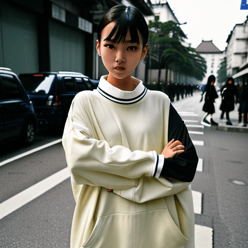 AI generated: a asian girl with oversize clothes jumping, looking to the camera, profile, beautiful girl, short ha...