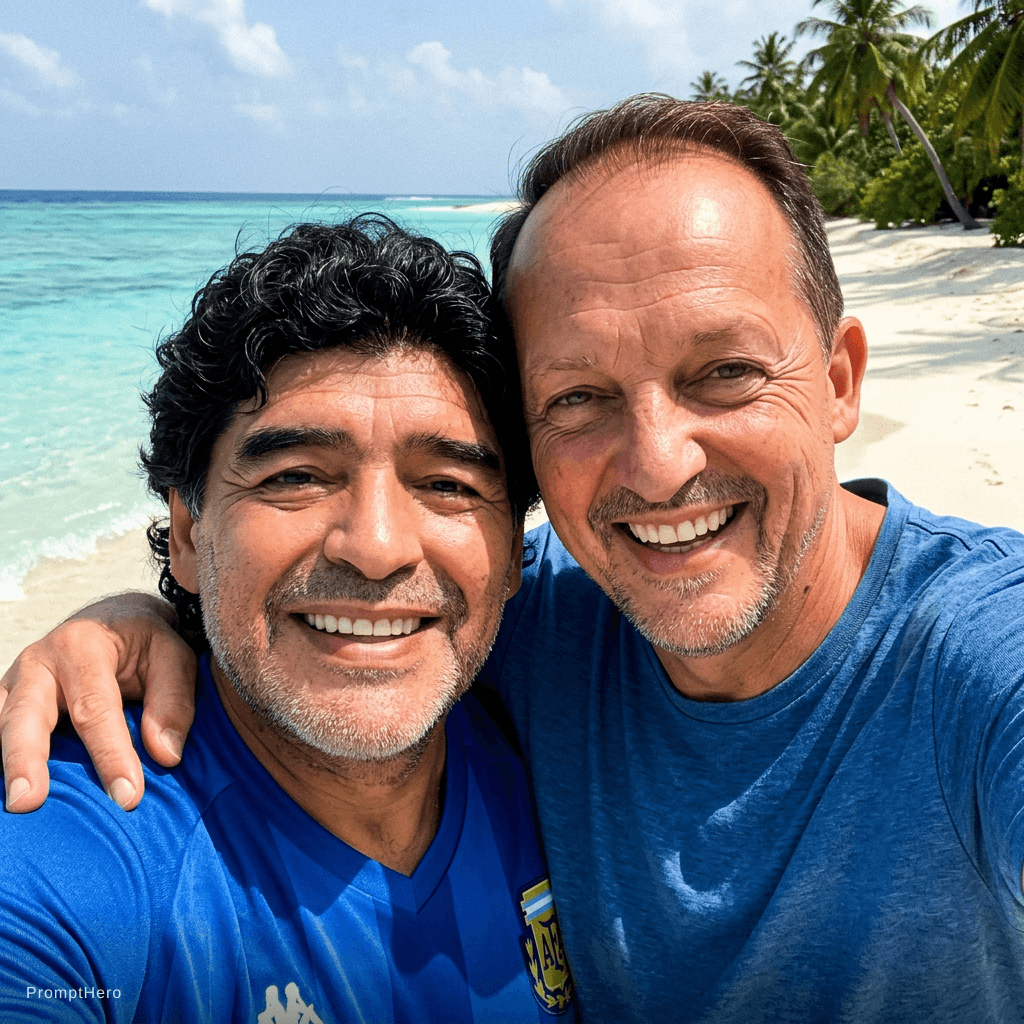 AI generated: with DIEGO MARADONA a tropical beach, sunny day, both smiling