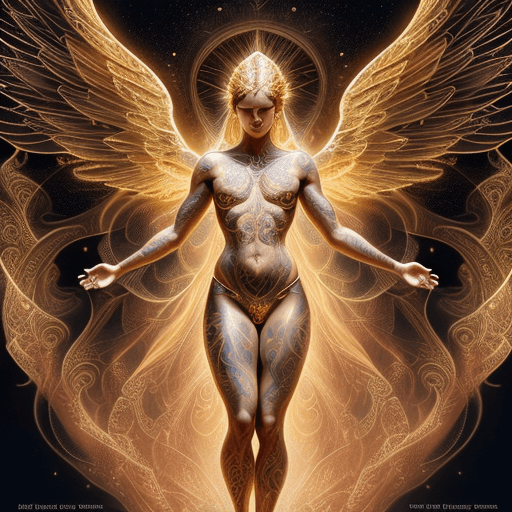 AI generated: Full-body shot, descending pose, (golden lighting, heavily tattooed angel with wings ), (majestic an...