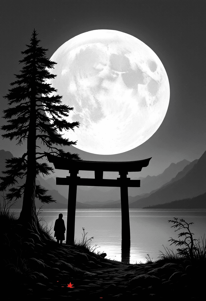 AI generated: Monochromatic Japanese scene under a large, dramatic moon, a traditional torii gate standing at the ...