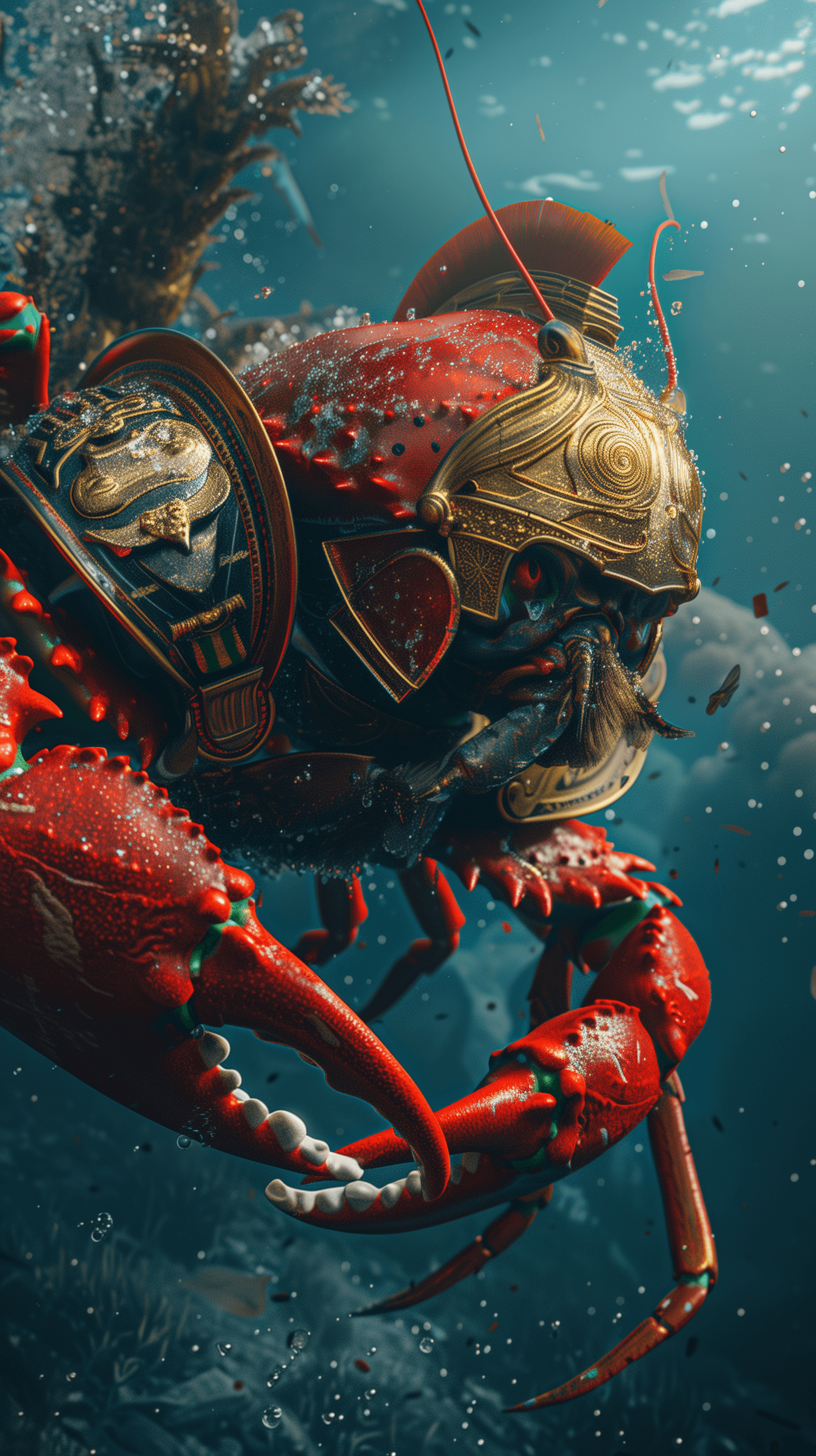 AI generated: A crab wearing ancient bright red and gold Roman helmet and armor, whole body swimming in the water ...