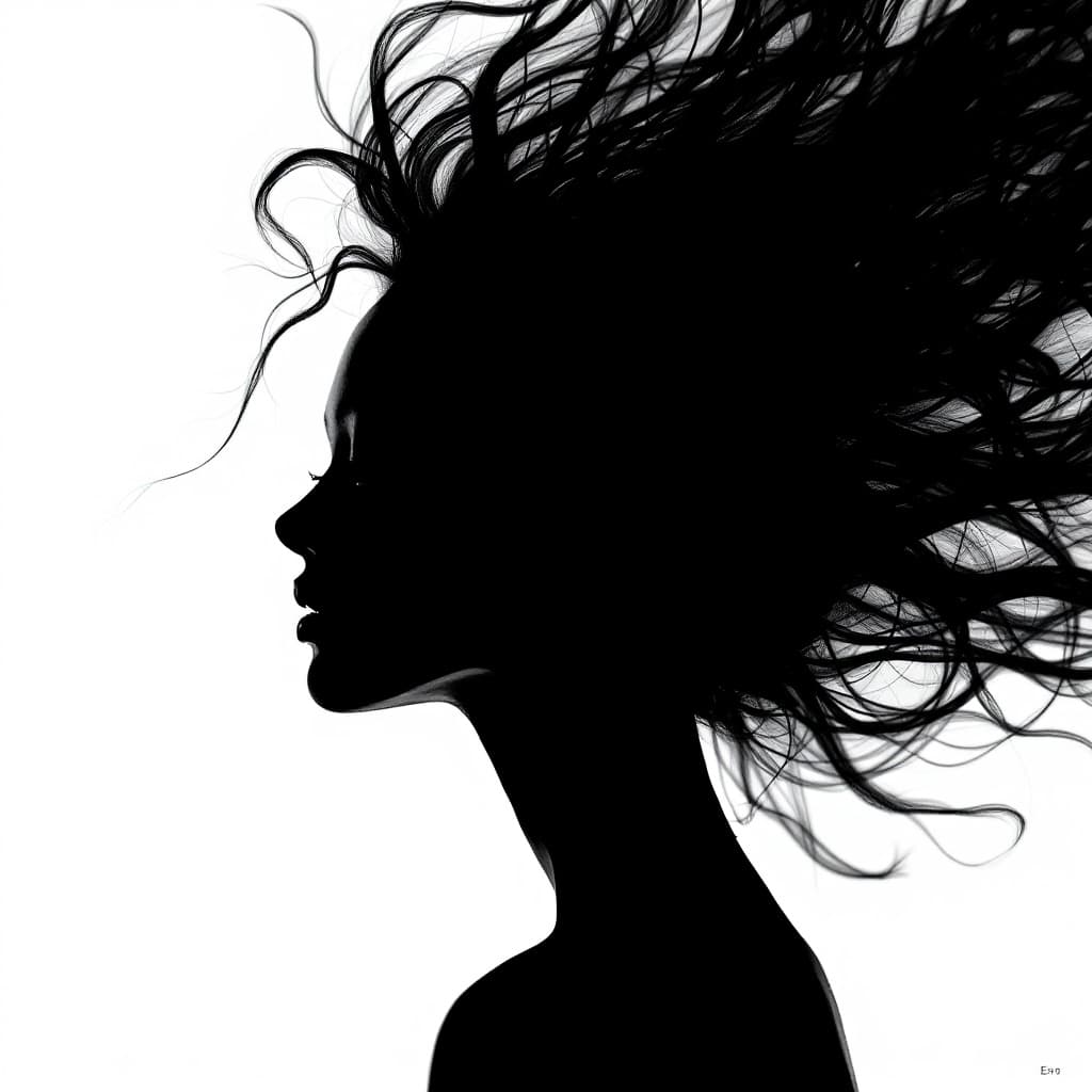 AI generated: black and white photography, fashion editorial, a silhouette of woman with abstract hair in black an...