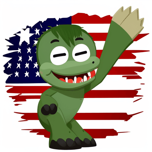 AI generated: Cute cartoon american flag, green, smiling, playful, prehistoric, clipart, no background, high quali...