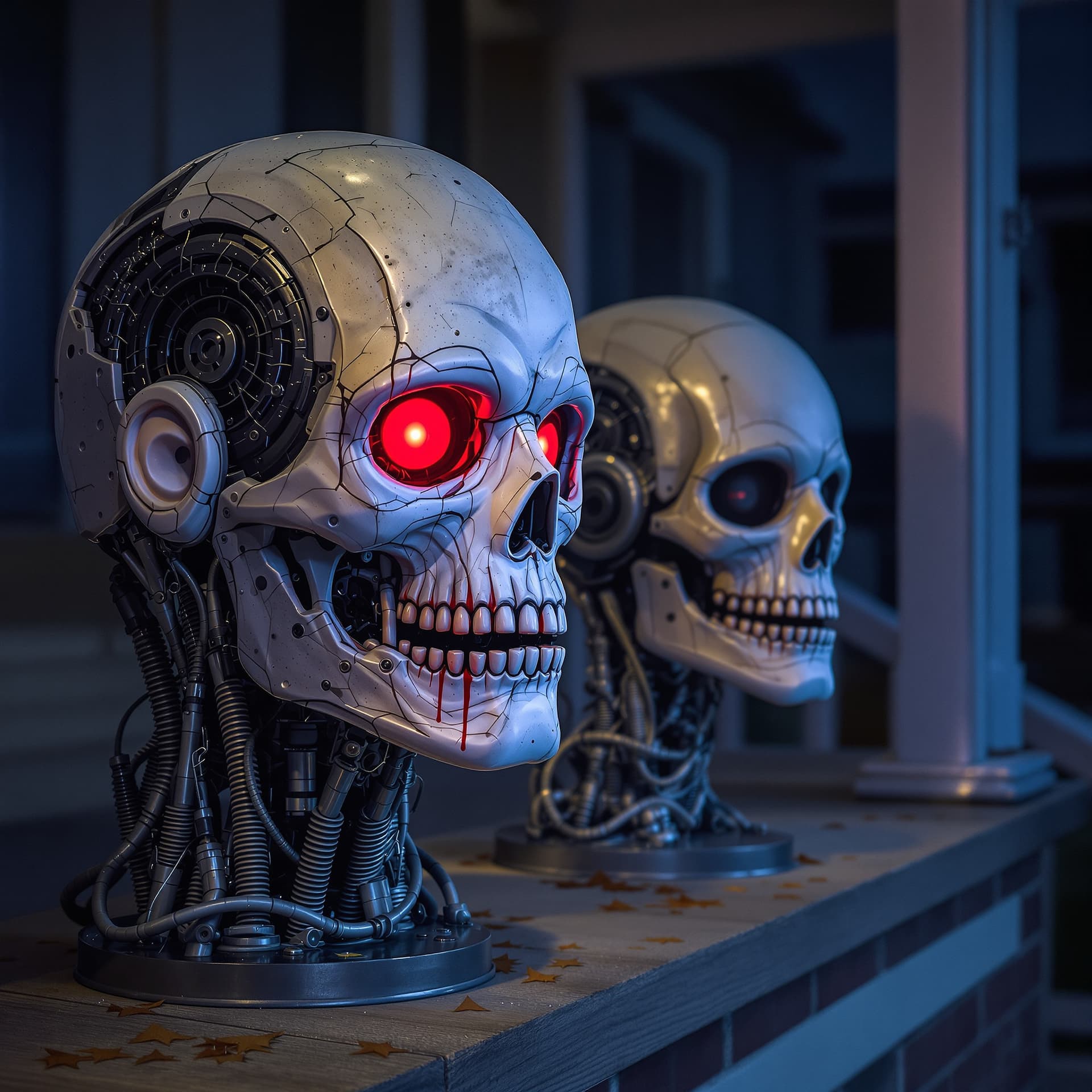 AI generated:  gyborgs and robots heads on porch of houses on halloween night