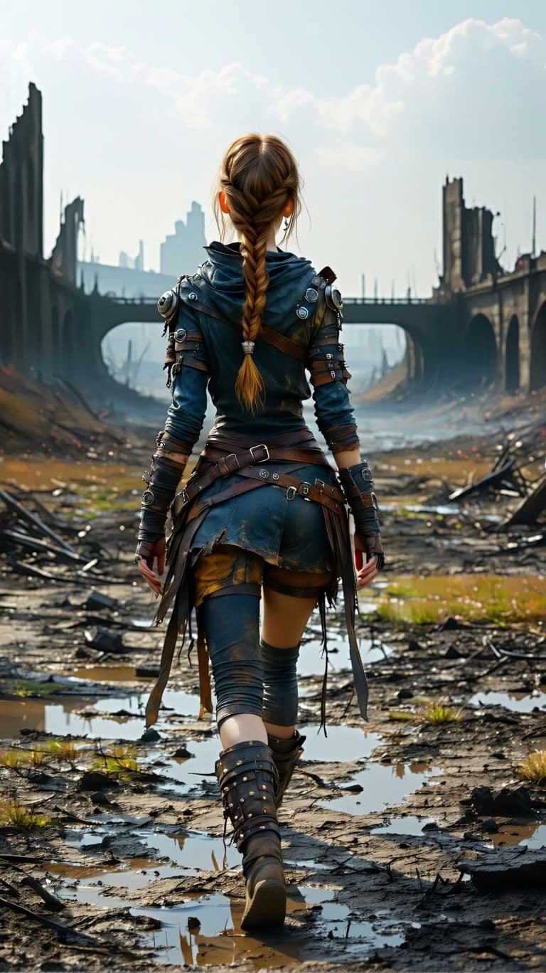 AI generated: A resilient wasteland scout, with weathered skin, a determined gaze and hair braided with found obje...
