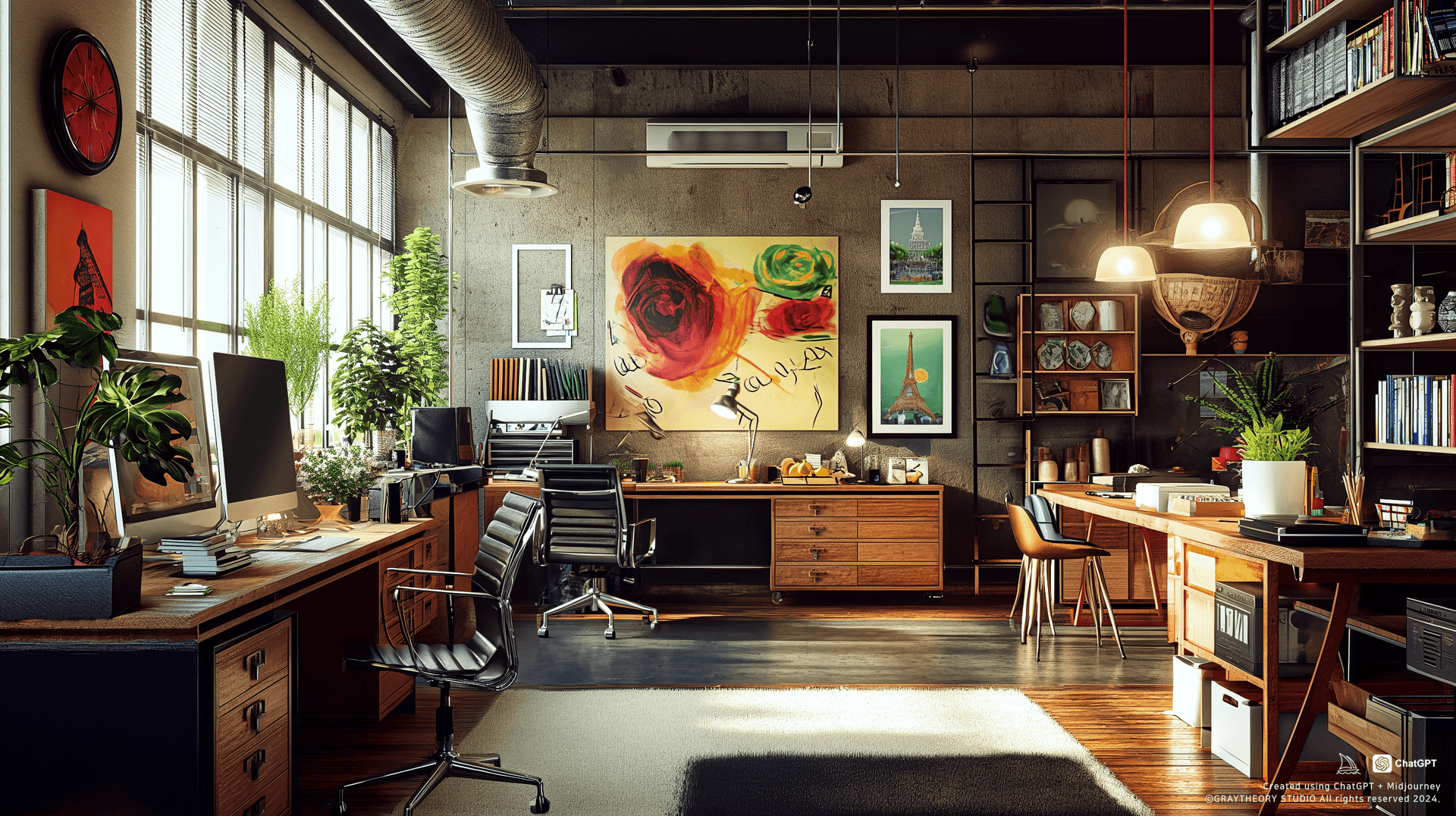 AI generated: Candid view, design studio, Canon EOS 5D Mark IV, 35mm f/2 lens, mid-century modern, wood and metal ...