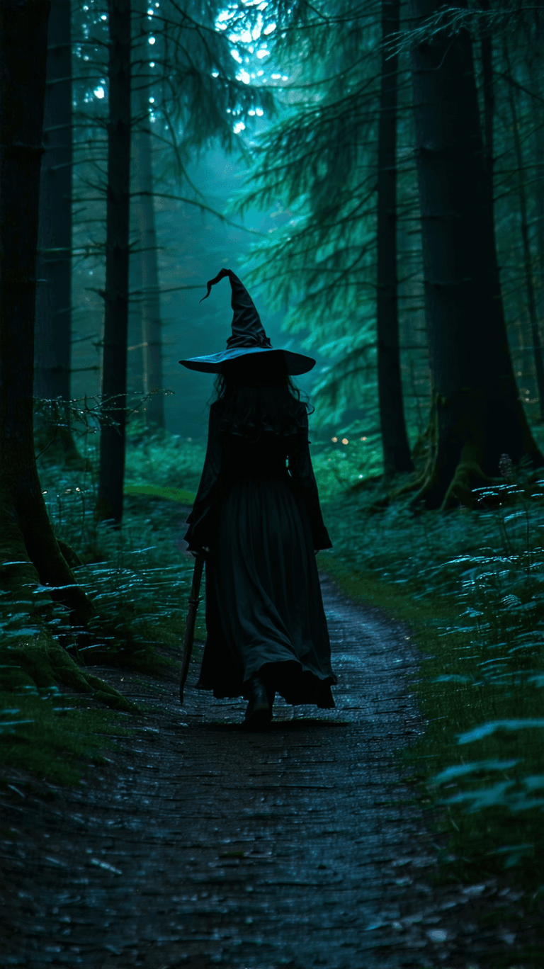 AI generated: Soul of a witch walking on a pathway in dark haunted forest,the film “Blair witch project” scene,mat...