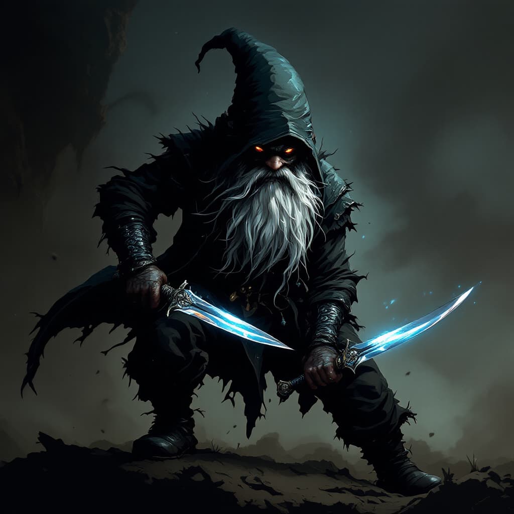 AI generated: een deep gnome thief with 2 daggers he wears a mask