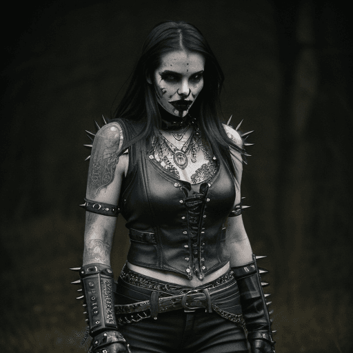 AI generated:  Grunge style, stylish female, (a formidable heroine:1.3) , (gothic fantasy:1.25) , (warrior biker:1...