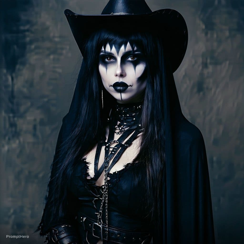 AI generated: Design a photorealistic portrait of a woman with dark makeup and makeup art, set in a dark concept a...